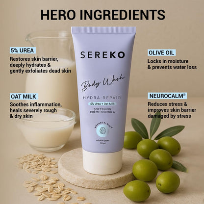 SEREKO 5% Urea & Oat Milk Body Wash 30ML | For Strawberry skin, De-tan, Body-acne| Body Wash for Men & Women | AHA BHA free, paraben free, SLS free | Gentle Exfoliating | Very dry & flaky skin