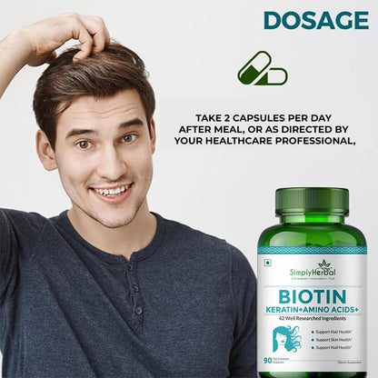 Simply Herbal Natural Biotin Vitamin B7 Capsules for Hair & Skin Enriched With Keratin + Multivitamin + Amino For Men Women (90 Capsules)