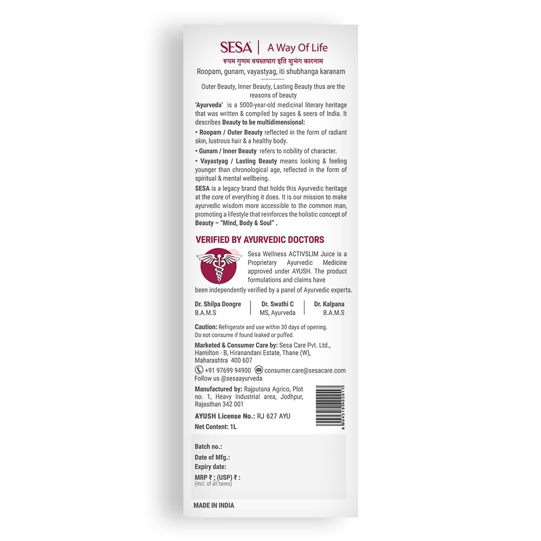 SESA Ayurvedic Activslim Juice 1 Lt Helps in Weight Management Made with Apple Cider Vinegar Healthy Diet Drink Active Slim, No added Sugar, Colour or Flavour (1 Lt)