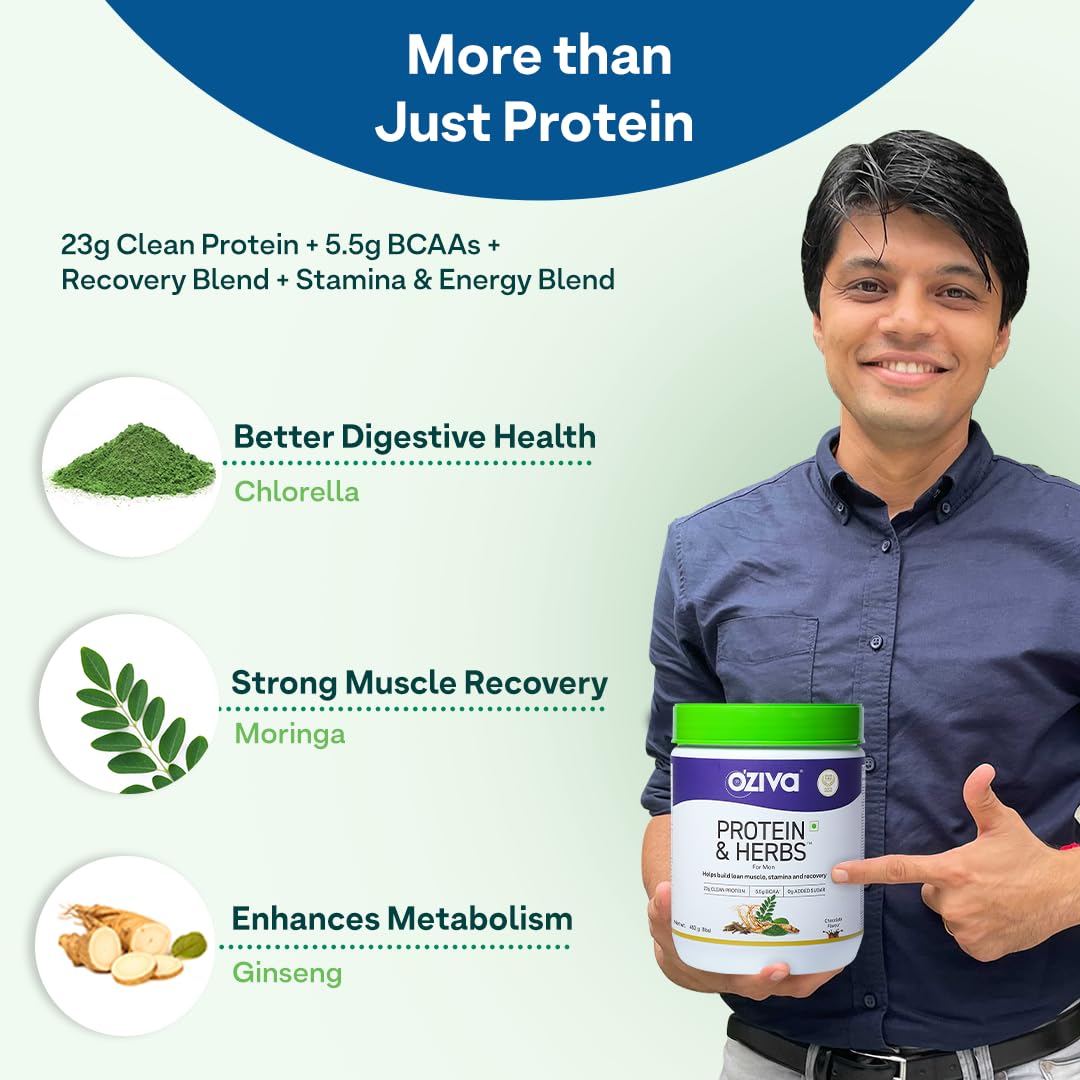 OZiva Protein & Herbs for Men (Banana Caramel) I Muscle Building, Stamina & Recovery | Clean Protein, Shatavari, Green Tea I No Added Sugar, 1lbs (453gm)