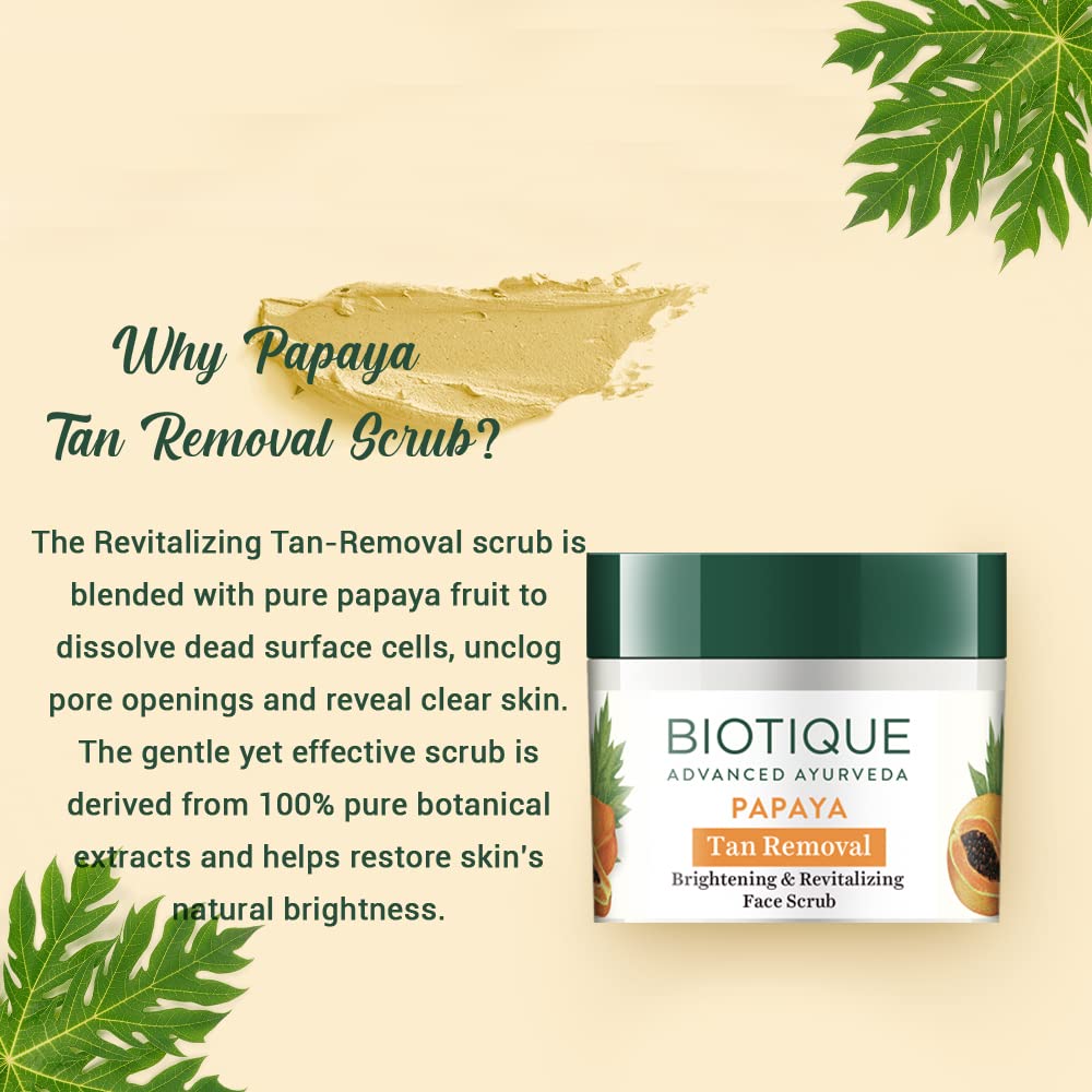 Biotique Papaya Tan Removal Brightening & Revitalizing Face Scrub | Gentle Exfoliation | Smooth and Clear Complexation | 100% Botanical Extracts| Suitable for All Skin Types | 75g