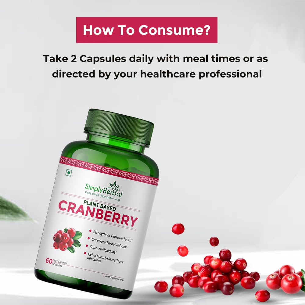 Simply Herbal D Mannose Cranberry Capsules 800 MG Supplement With Powerful Probiotics & Anti-oxidants Promotes Urinary Tract Health, Strong Bones & Teeth For Women & Men (60 Capsules)