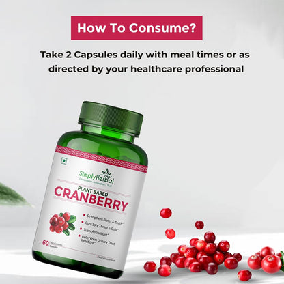 Simply Herbal D Mannose Cranberry Capsules 800 MG Supplement With Powerful Probiotics & Anti-oxidants Promotes Urinary Tract Health, Strong Bones & Teeth For Women & Men (60 Capsules)
