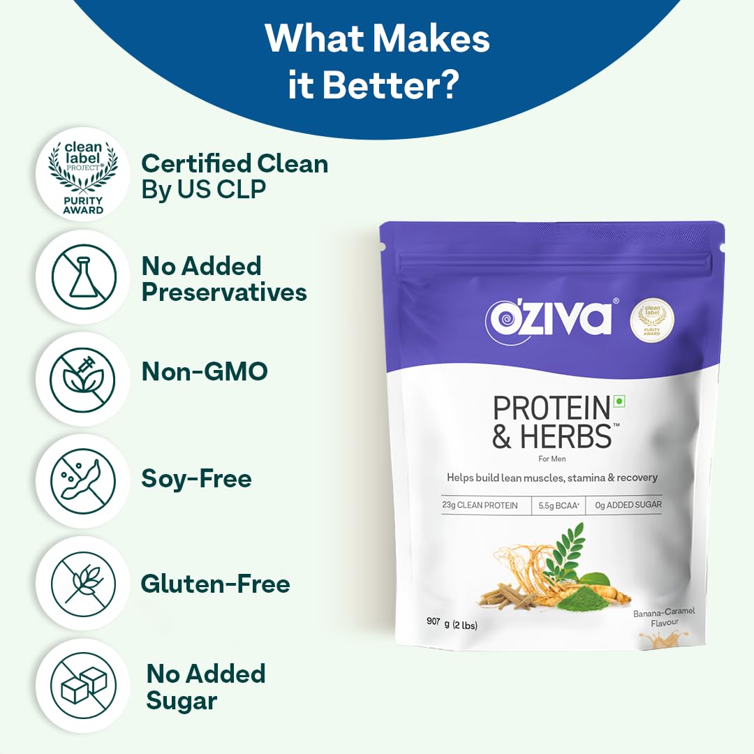 OZiva Protein & Herbs for Men (Banana Caramel) I Muscle Building, Stamina & Recovery | Clean Protein, Shatavari, Green Tea I No Added Sugar, 2lbs (907gm)