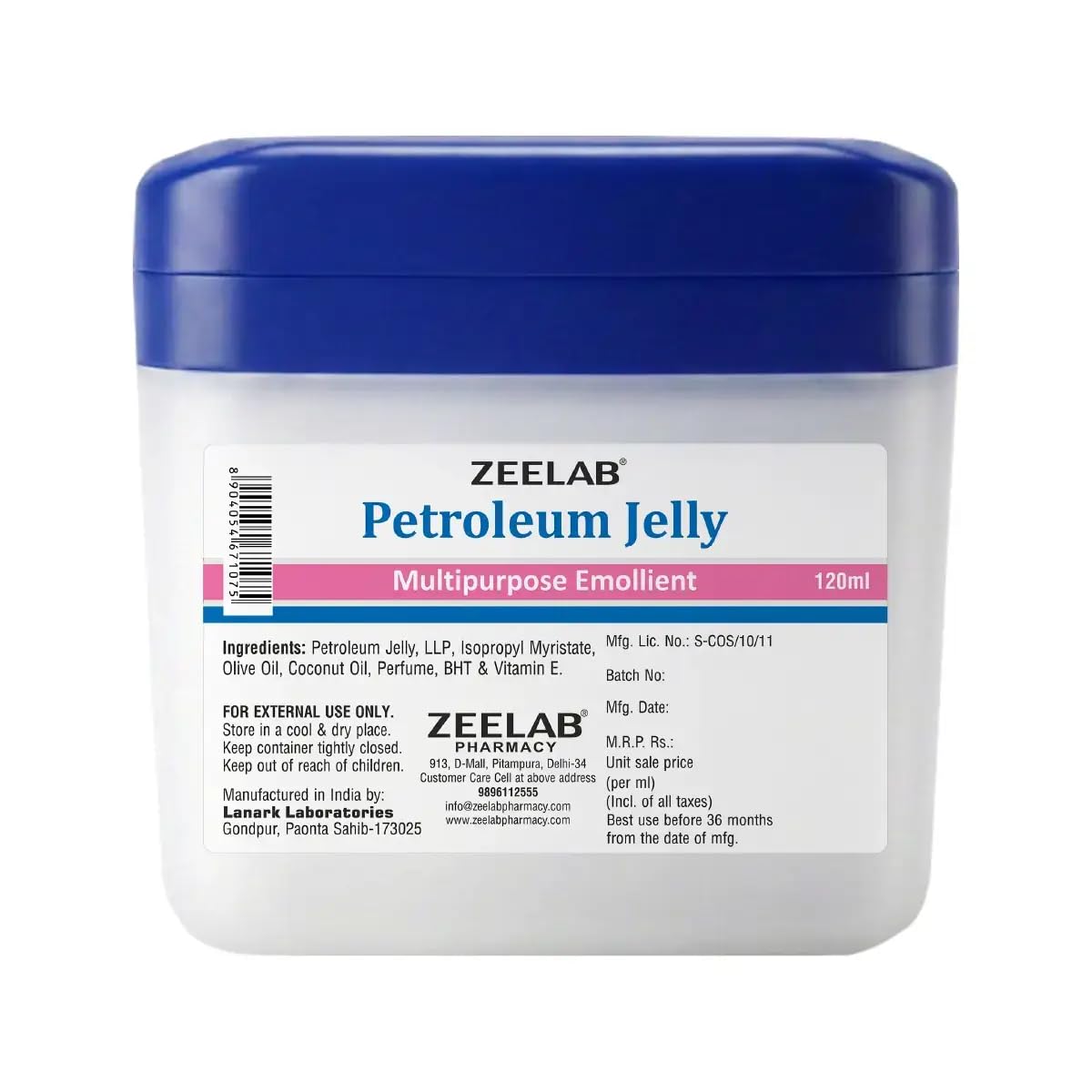Zeelab Petroleum Jelly 120ml with Olive Oil, Coconut Oil & Vitamin E | Deep Moisturising Skin Protectant for Dry Skin, Cracked Heels, Chapped Lips & Rough Skin Care