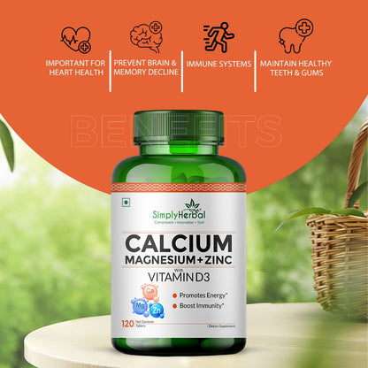 Simply Herbal Calcium Magnesium Zinc Vitamin D3 Supplement Tablet for Men & Women With Vitamin B12 Promote Bone Density & Muscle Growth Helps to Fight Bone Loss 120 Tablets