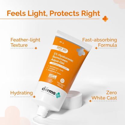The Derma Co 1% Hyaluronic Sunscreen Aqua Gel SPF 50 PA++++ | Hydrating, Lightweight & Non-Greasy | No White Cast | Broad Spectrum & Blue Light Protection | Clinically Tested - (In-Vivo) | 80 g