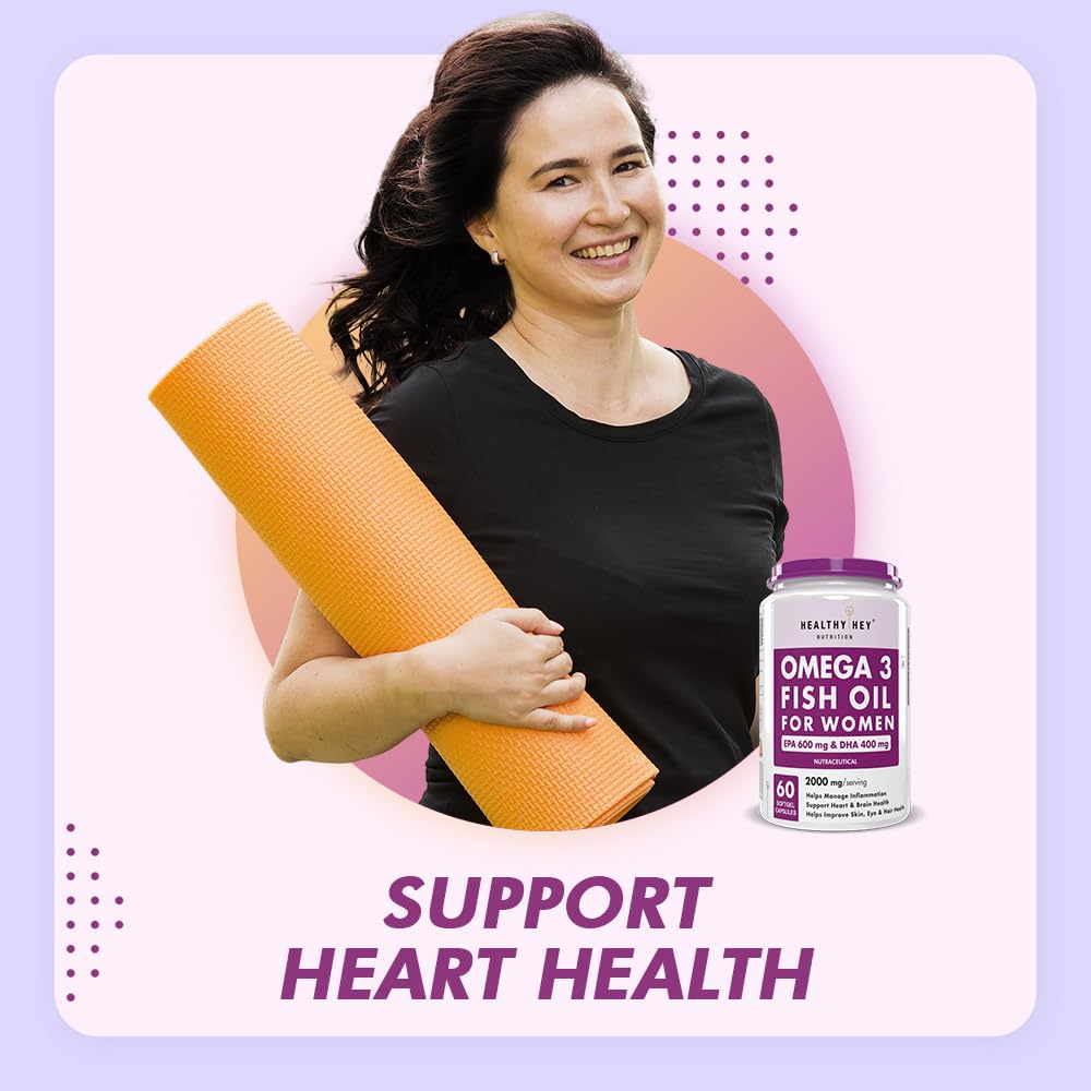 HealthyHey Nutrition Omega 3 Fish Oil for Women - 2000 Mg/serving - 60 Softgel Capsules (600 EPA & 400 DHA)