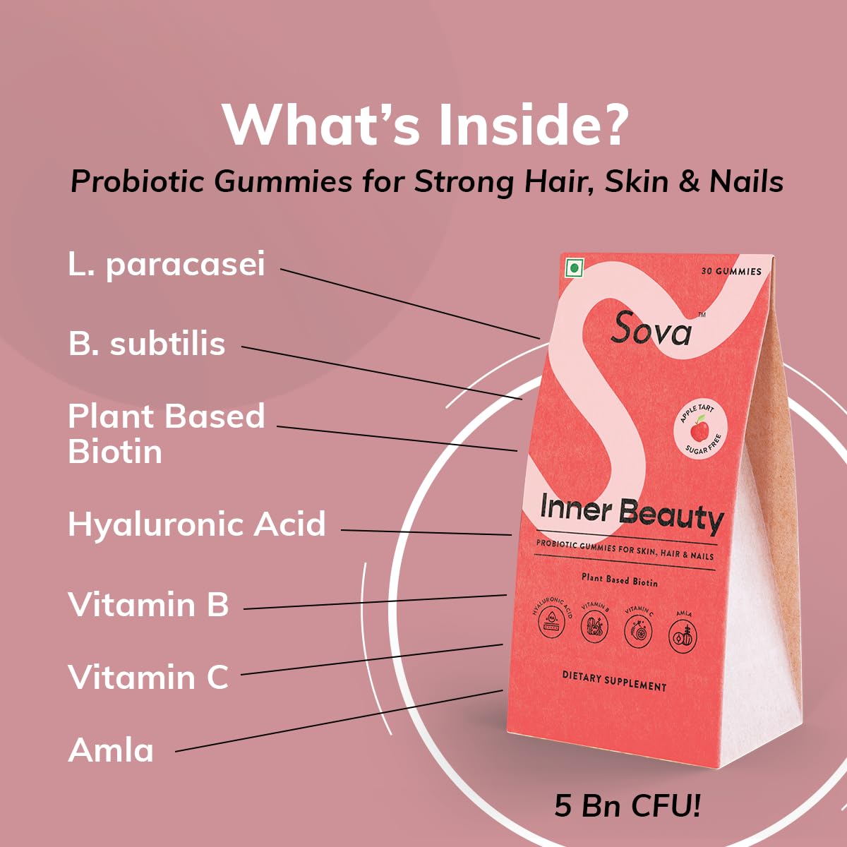 Sova Probiotic Plant Based Biotin Gummies | Acne Prevention & Glowing Skin | Prebiotics + 5 Billion CFUs Probiotics |10000 mcg Plant-Based Biotin, Hyaluronic Acid, Vitamin C, Amla | 30 Vegan Sugarless Gummies | Inner Beauty