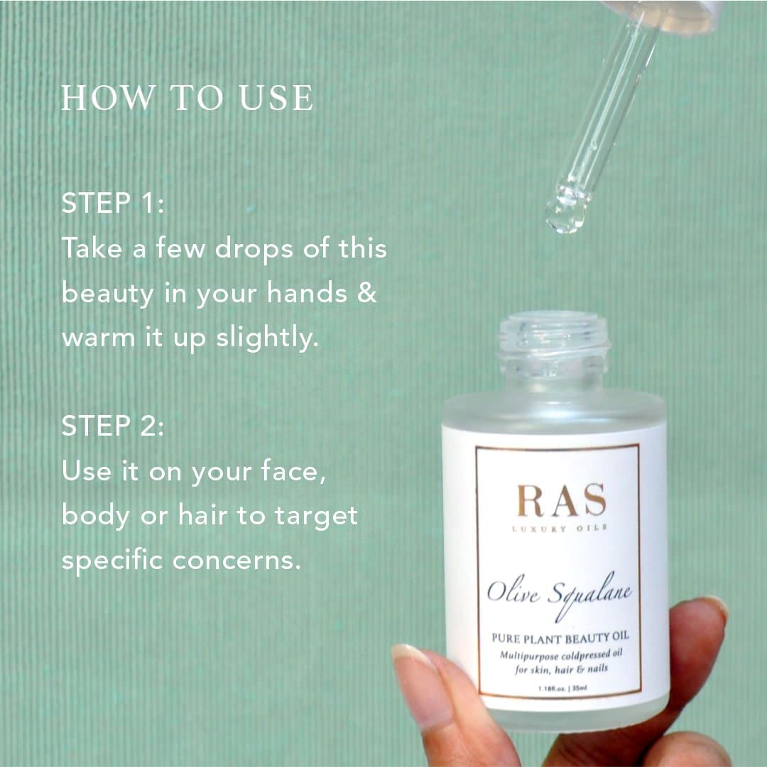 RAS Luxury Oils Olive Squalane Pure Plant Beauty Oil | For Hair, Skin & Nails | Lightweight, Reduces Fine Lines | Rich in Vitamins & Antioxidants | Natural and Organic, Cruelty Free, 35ml