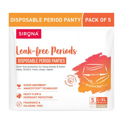 Sirona Disposable Period Panty for Girls & Women | L-XL | Pack of 5 | 360Â° Coverage for Stress Free Periods | Leakage Protection for Heavy Flow | Rash Free | Super Absorbent with Comfortable Fit