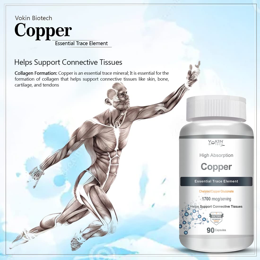 Vokin Biotech Chelated Copper Gluconate â€“ Support Connective Tissues â€“1700mcg â€“ 90 Capsules