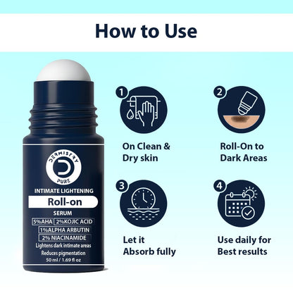 Dermistry Intimate Lightening Brightening Roll On Serum for Private Parts Bikini Area Inner Thighs Men Women Targets Dark Spots Pigmentation Reduces Itching Dryness Bad Odor 50ml