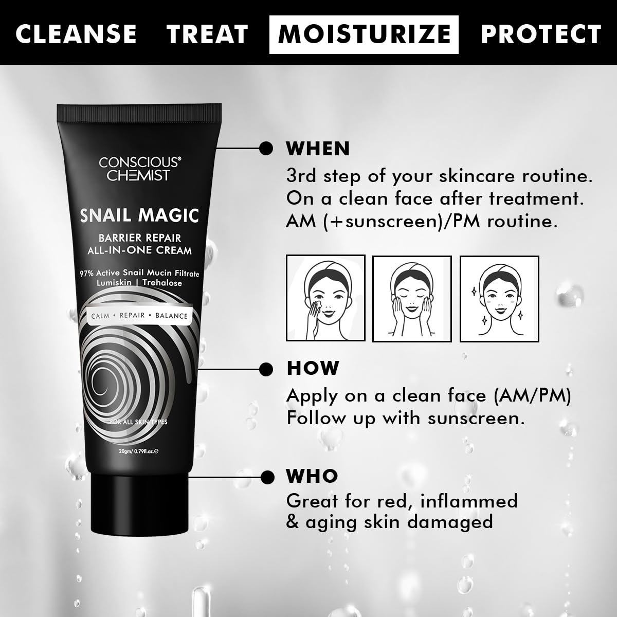 Conscious ChemistÂ® Snail Mucin Moisturizer | 20g | Face Cream for Men & Women, Skin Barrier Repair Moisturizer, Daily Gel Cream with Korean Snail Mucin Extract, All Skin Type - Snail Magic
