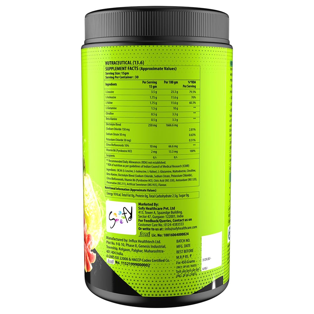 NATURYZ BCAA Energy Blast Pre Intra Post Workout Supplement With 7000 BCAA | Glutamine | Citrulline | Beta-Alanine for Muscle Recovery | Power & Energy-450 Grams(Guava Flavor)