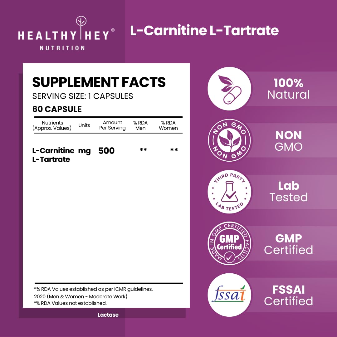 HealthyHey L-Carnitine & L-Tartrate (LCLT)-Support Transport of Fats to Muscles - 60 Vegetable Capsules (Pack of 1)