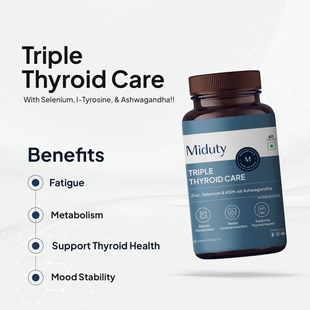 Miduty Palak Notes Triple Thyroid Care Supplement - Rapid Action Formula - KSM-66 Ashwagandha - Sea Kelp - Zinc - Vitamin B1-Selenium-L-Tyrosine - Supports Thyroid Health - Good mood - 60 Capsules