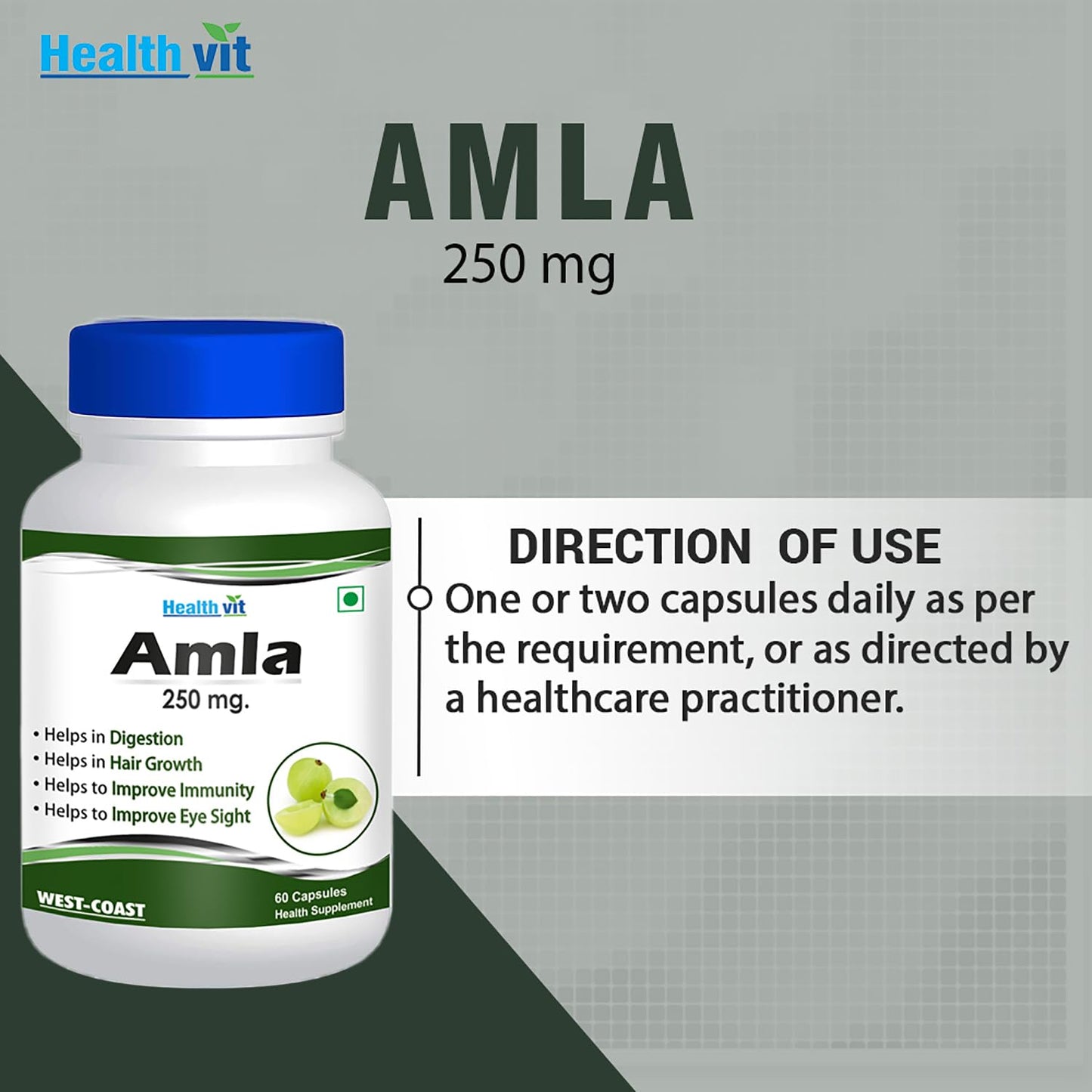 Healthvit Amla 60 Capsules 250mg | Organic Amla Without Sugar & Skin Foods Glow Mix | Amla | Priority Glow Mix Pack of 60 capsules Good For Immunity,Rich Source Of Vitamin C