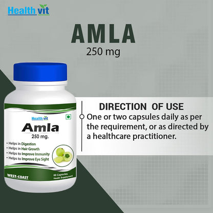 Healthvit Amla 60 Capsules 250mg | Organic Amla Without Sugar & Skin Foods Glow Mix | Amla | Priority Glow Mix Pack of 60 capsules Good For Immunity,Rich Source Of Vitamin C