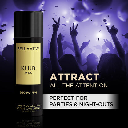 Bella Vita KLUB Men Body Perfume 150ml | No Gas Deo for Men | Deodorants Man | Long Lasting Spicy and Musky Fragrance with Refreshing Lemon, Rose Petals & Warm Vanilla Notes