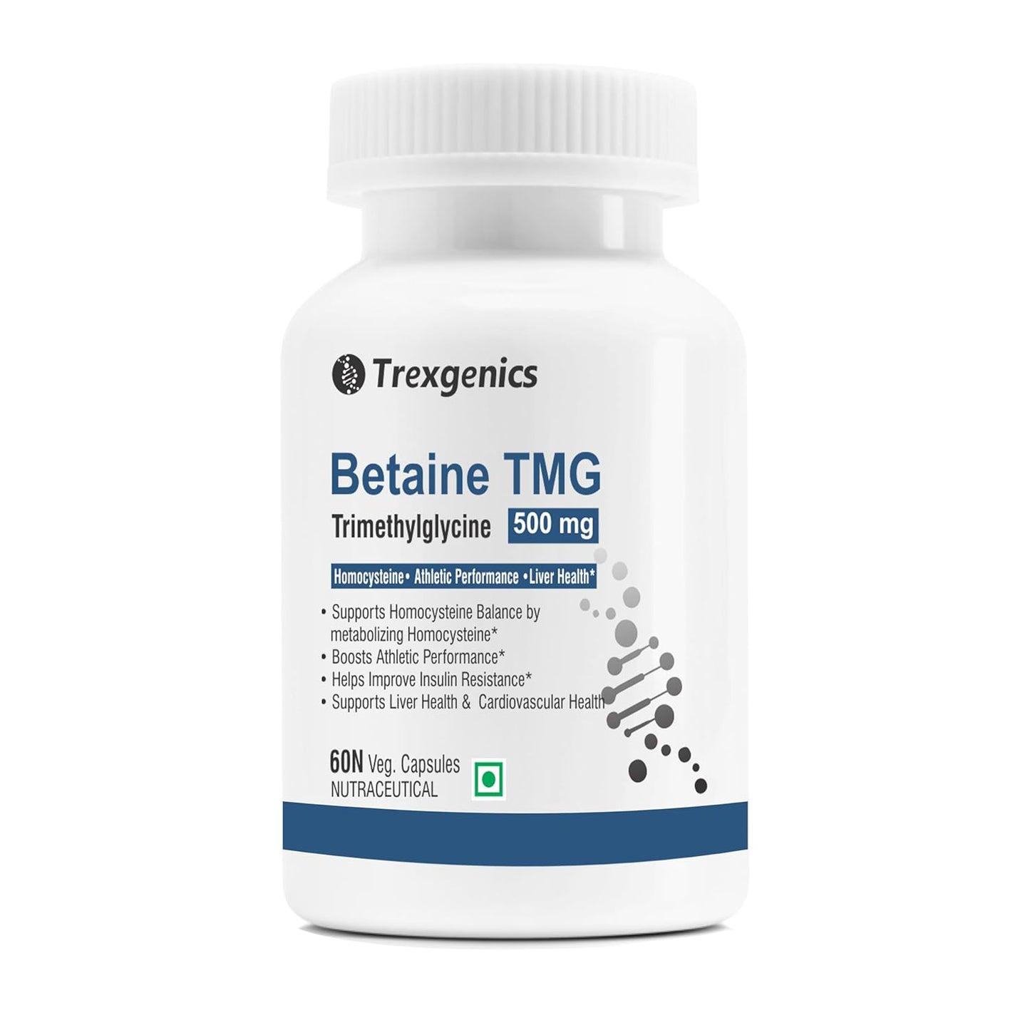 Trexgenics BETAINE - TMG (Trimethyglycine) 500 MG Homocysteine Balance, Liver Care, Athletic Performance Support (60 Veg Capsules) (Pack of 1)