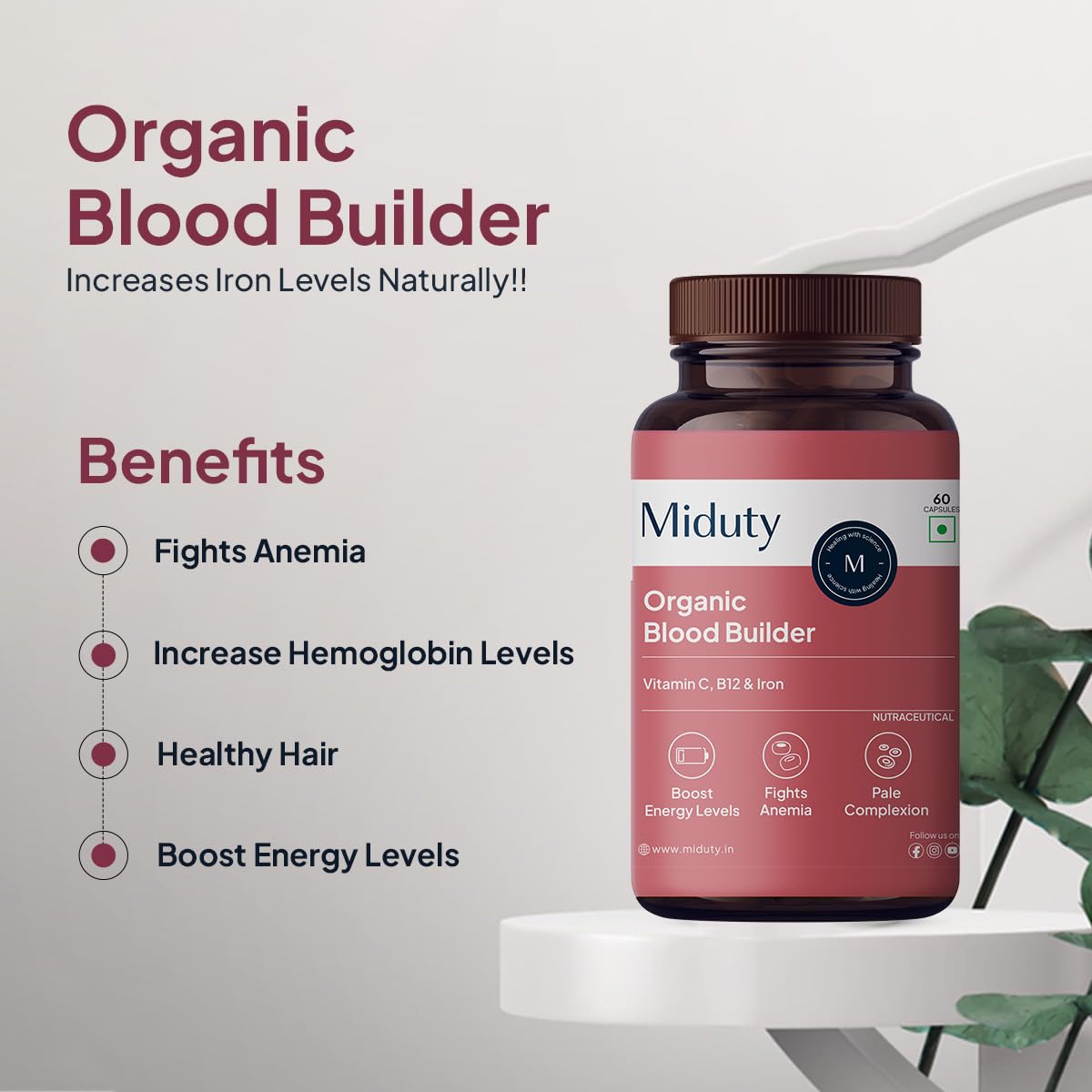 Miduty by Palak Notes Organic Blood Builder, Anemia Supplement, Green Amla, Barley Leaves, Beet Root, Organic Iron Supplement, Hemoglobin Booster, Increase HB, Organic Blood Builder Pack - 60 Caps