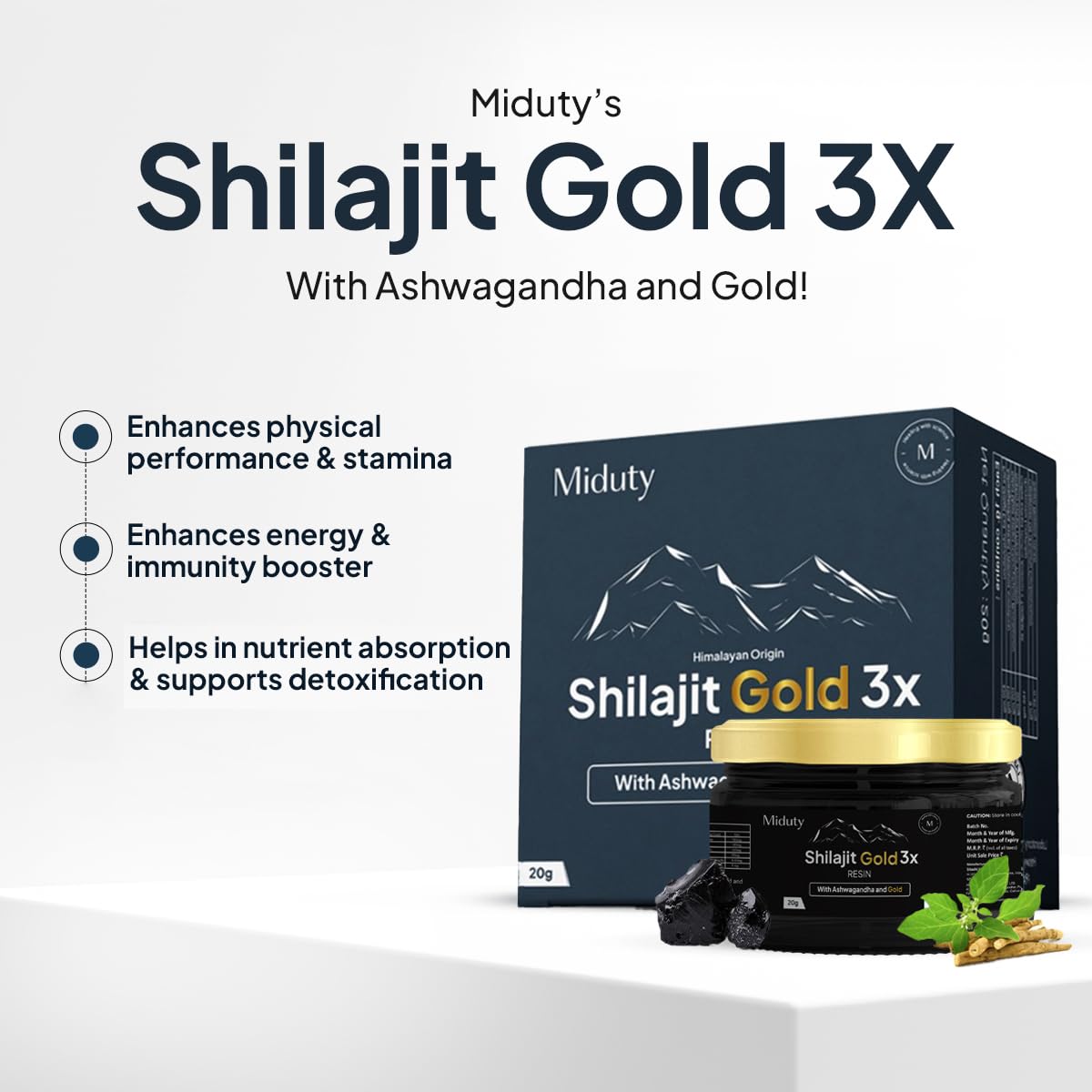 Miduty Shilajit Gold 3X - Ashwagandha - Himalayan Shilajit Gold - Original Shilajit Gold Resin - Shilajit for Men - 20g