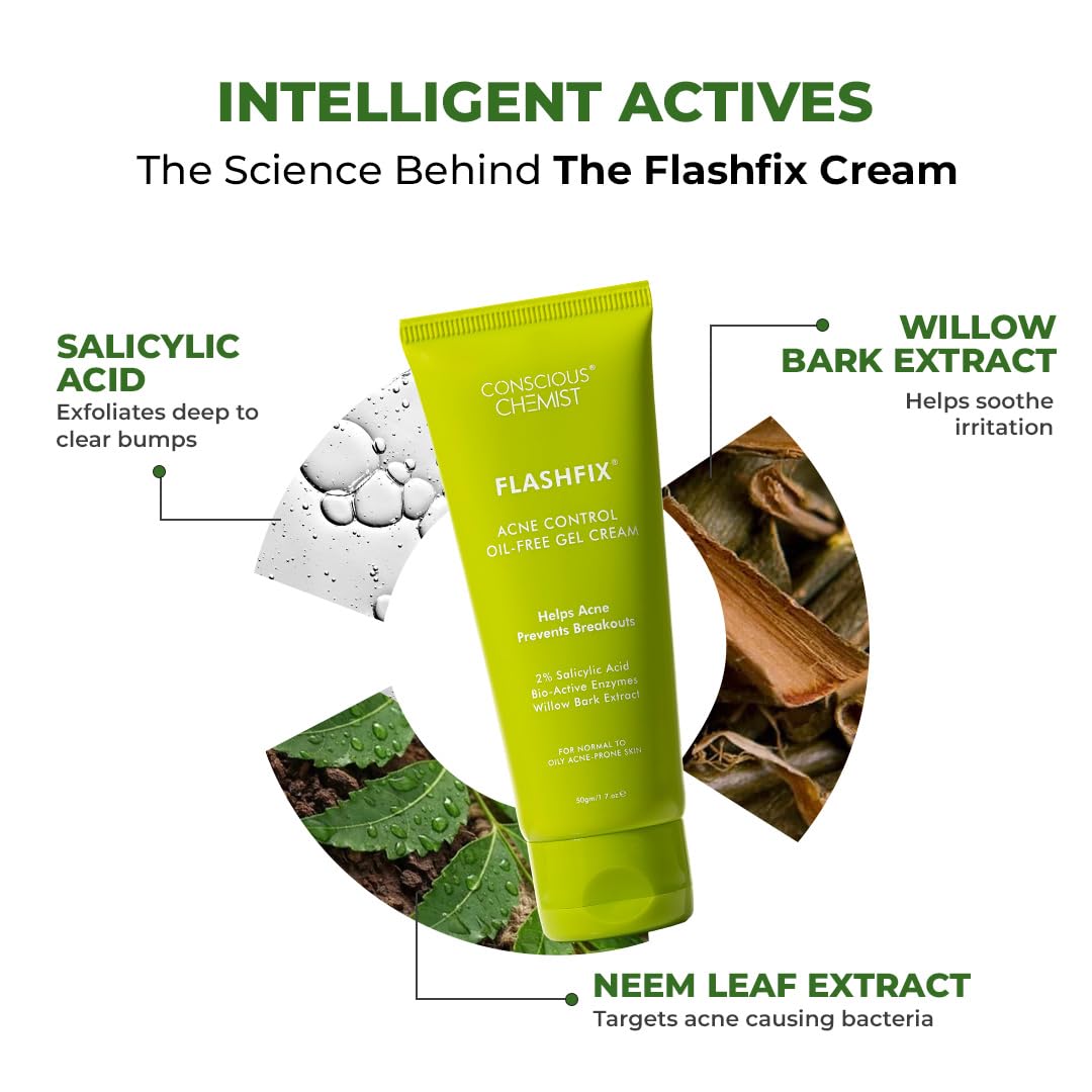 Conscious ChemistÂ® 2% Salicylic Acid Cream | 50g | Acne Spot Corrector | Moisturizer for Oily Acne Prone Skin, Face Cream for Men & Women, Overnight Acne & Oil Control, Itchiness & Redness, Non greasy Gel Cream - Flashfix