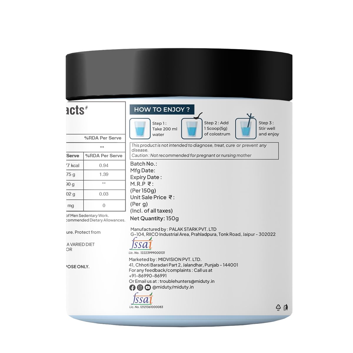 Miduty by Palak Notes Liposomal Colostrum - Increase bone and muscle mass - Probiotic Supplement for Gut Health - Muscle Growth - Boosts Immunity - Better Workout recovery - Colostrum Powder - 150 gm
