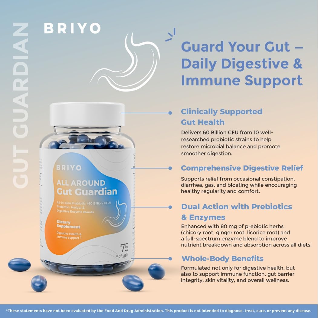 Briyo Gut Health Support â€“ 60 Billion CFU Probiotics with Prebiotics, Digestive Enzymes & Herbs | Gut Guardian Formula to Boost Good Gut Bacteria, Support Digestion & Immunity, and Relieve Bloating & Gas