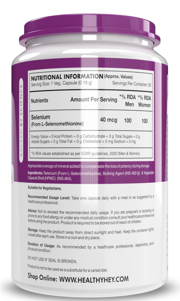 HealthyHey Nutrition Selenium Capsules 40mcg - Superior Absorption - 60 Vegetarian Capsules