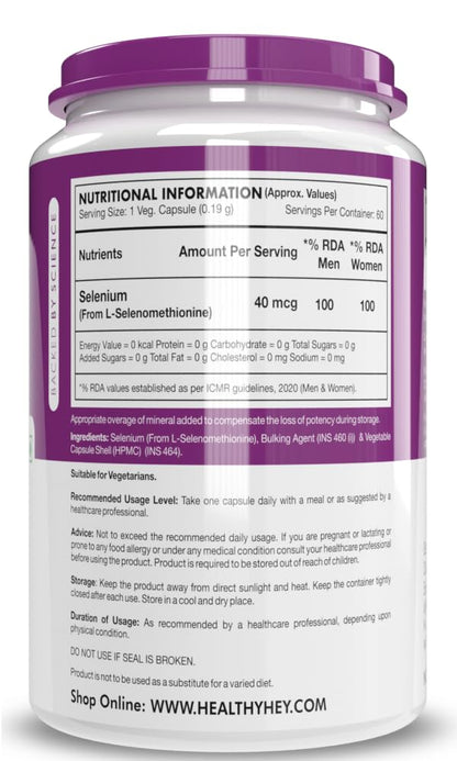 HealthyHey Nutrition Selenium Capsules 40mcg - Superior Absorption - 60 Vegetarian Capsules