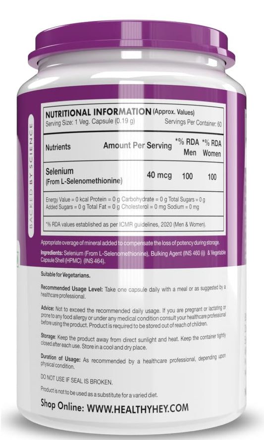 HealthyHey Nutrition Selenium Capsules 40mcg - Superior Absorption - 60 Vegetarian Capsules