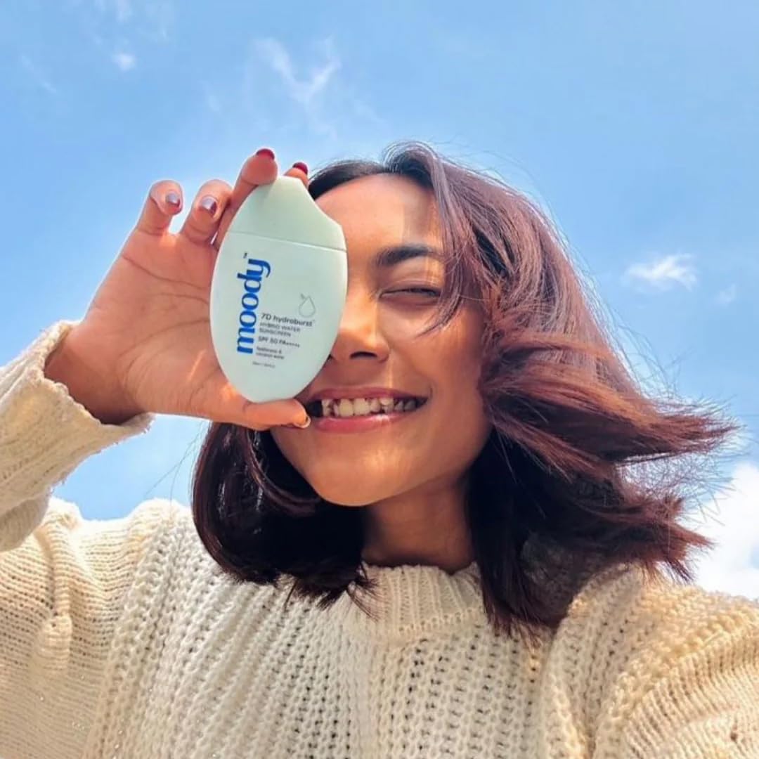 Moody Hydro Burst Water Sunscreen With Hyaluronic & SPF 50 PA ++++ UVA/B Protection | Brightening Sunscreen With No White Cast, Lightweight & Non Greasy | For Oily & Combination Skin | 50ml