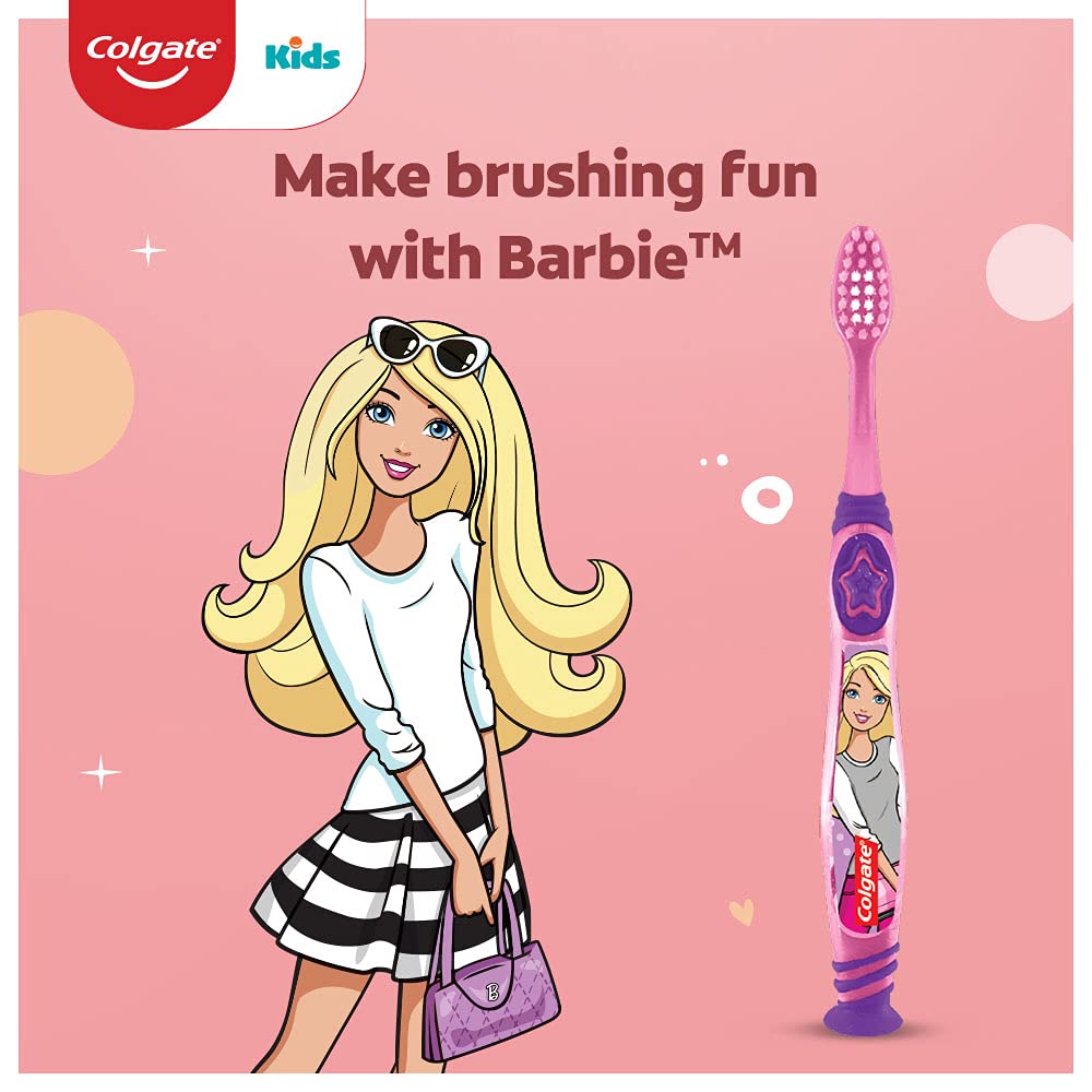 Colgate Kids Barbie Manual Toothbrush, Extra Soft with Tongue Cleaner (Pack of 3) & Kids Anticavity Toothpaste for 2-5 Years - 80gm (Strawberry flavour) COMBO
