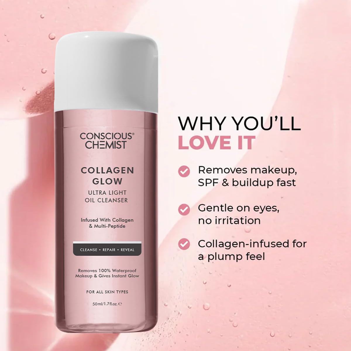 Conscious ChemistÂ® Collagen Glow Ultra Light Oil Cleanser | 50ml | Makeup Remover & Nourishing Oil Cleanser with Hydrolyzed Collagen & Peptides | Improves Elasticity, Smooths Texture & Supports Skin Barrier | For Men & Women, All Skin Types