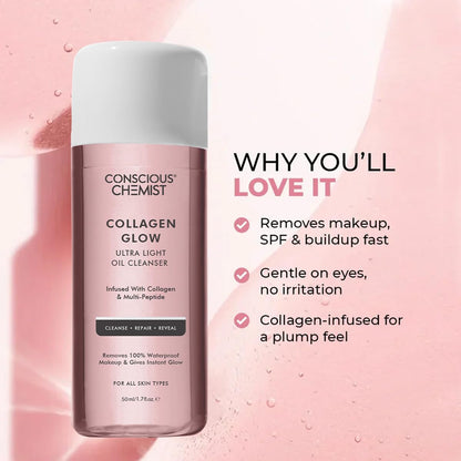 Conscious ChemistÂ® Collagen Glow Ultra Light Oil Cleanser | 50ml | Makeup Remover & Nourishing Oil Cleanser with Hydrolyzed Collagen & Peptides | Improves Elasticity, Smooths Texture & Supports Skin Barrier | For Men & Women, All Skin Types