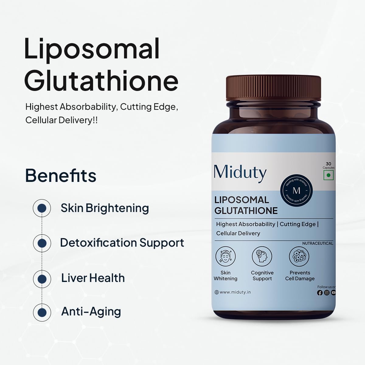 Miduty by Palak Notes Liposomal Glutathione - Highest Bioavailability - Glutathione for skin - Face glow - Skin Hydration - Liver Health -Detoxification Support - 30 Caps