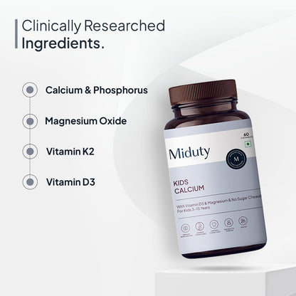 Miduty by Palak Notes Kids Calcium with Vitamin D3 - K2 Magnesium No Sugar Added for Strong Bones, Brain Function, Immunity Booster, Strong Teeth Calcium Supplement Kids Multivitamin - 60 Chewables