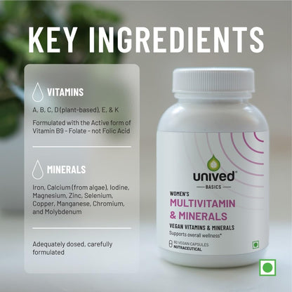 Unived Basics Multivitamin & Minerals For Women, 100% Rda Of All Vitamins With Algae Calcium & Plant-Based Vitamin D3 Plus Important Minerals, Complete Formulation For Health & Wellbeing - Capsule