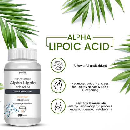 Vokin Biotech Alpha Lipoic Acid (ALA) 300 mg- Support Nerve Health & Sugar Metabolism (90 Capsules))