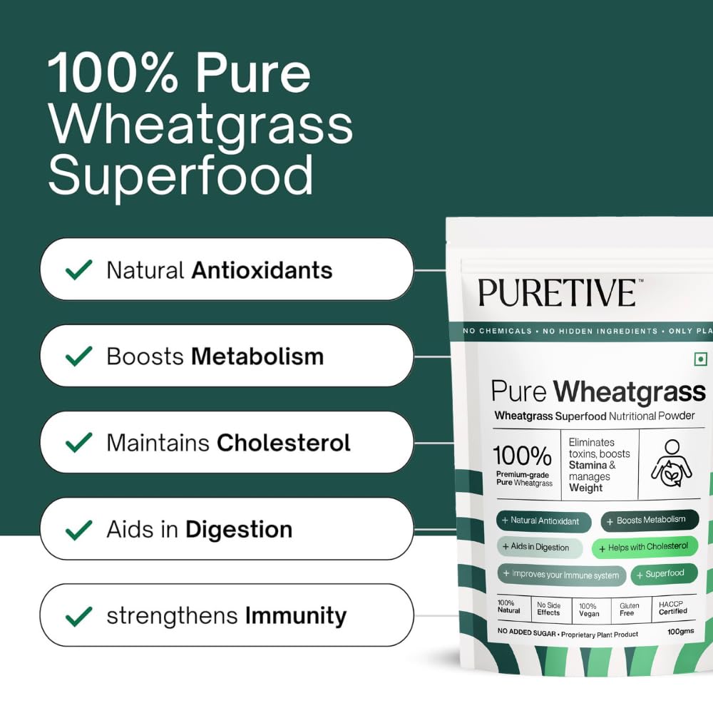 Puretive Wheatgrass Powder | For Energy, Detox, Immunity Booster, Skin Health | 100% PURE, Non-GMO, Vegan Detox Powder | Superfood for Everday use | Just Mix & Sip | 100gms