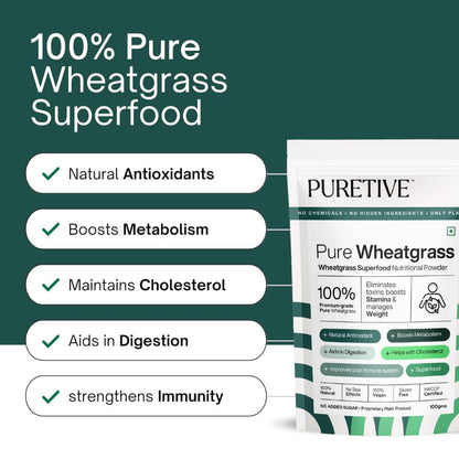 Puretive Wheatgrass Powder | For Energy, Detox, Immunity Booster, Skin Health | 100% PURE, Non-GMO, Vegan Detox Powder | Superfood for Everday use | Just Mix & Sip | 100gms