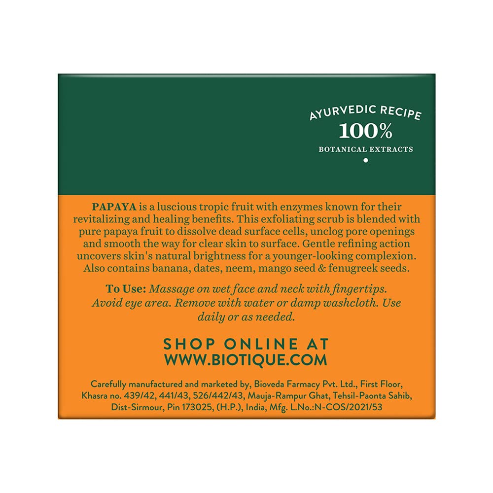 Biotique Papaya Tan Removal Brightening & Revitalizing Face Scrub | Gentle Exfoliation | Smooth and Clear Complexation | 100% Botanical Extracts| Suitable for All Skin Types | 75g