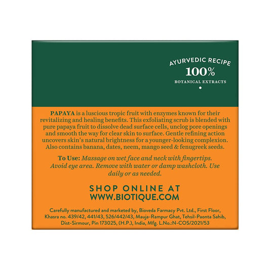 Biotique Papaya Tan Removal Brightening & Revitalizing Face Scrub | Gentle Exfoliation | Smooth and Clear Complexation | 100% Botanical Extracts| Suitable for All Skin Types | 75g