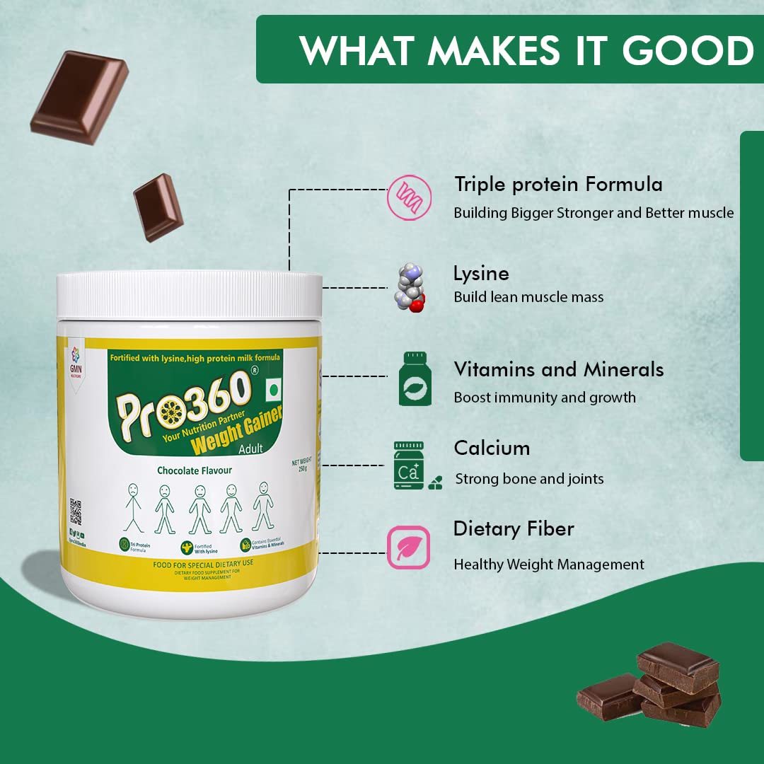 Pro360 WeightGainer Pro High Protein and Carbohydrates Powder â€“ Calorie Rich Complete Nutritional Supplement â€“ Triple Protein Formula with Vital Nutrients for Men, Women â€“ Chocolate Flavour â€“ 250g