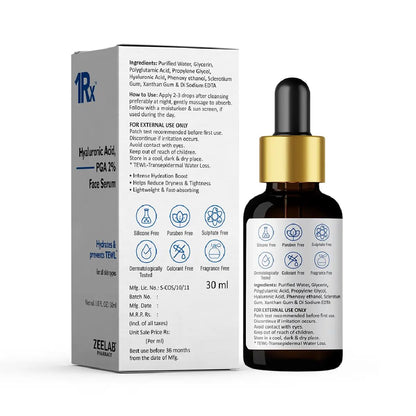 Zeelab 1RX Hyaluronic Acid + PGA 2% Face Serum | Deep Hydration & Moisture Lock Formula | With Polyglutamic Acid & Glycerin | For Dry, Dull & Dehydrated Skin | Lightweight Daily Use Serum
