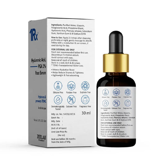 Zeelab 1RX Hyaluronic Acid + PGA 2% Face Serum | Deep Hydration & Moisture Lock Formula | With Polyglutamic Acid & Glycerin | For Dry, Dull & Dehydrated Skin | Lightweight Daily Use Serum