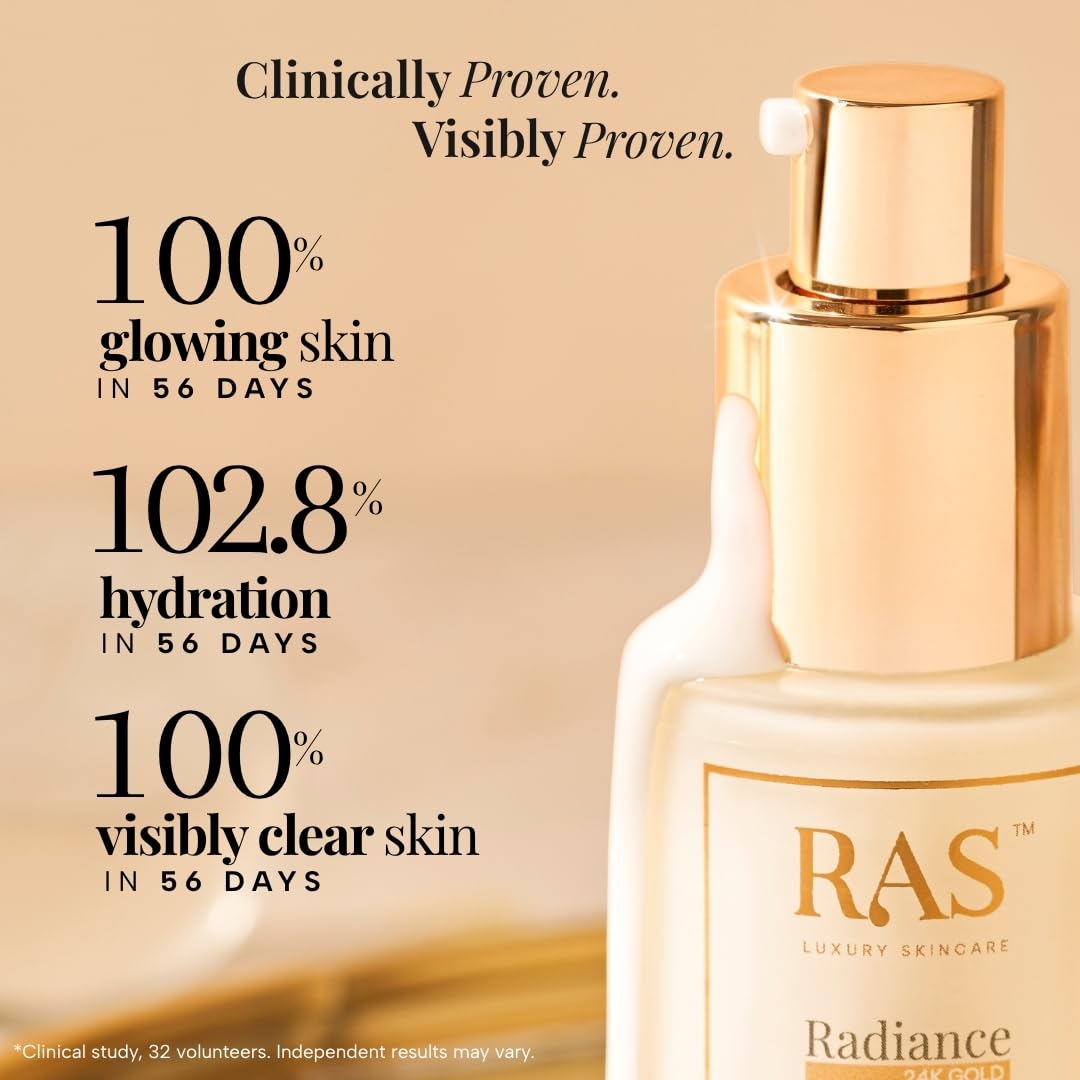 RAS Luxury Oils Radiance 24K Gold Brightening 8 in 1 Face Gel Serum Hydrates Skin, Reduce Pigmentation, With 148 Hours of Hydration Infused with Hyaluronic Acid, Saffron, Manjistha & Rosehip