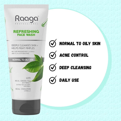 Raaga Professional Refreshing Facewash, With Real Green Tea Extract & Cinnamon, Normal to Oily Skin, 80 ml